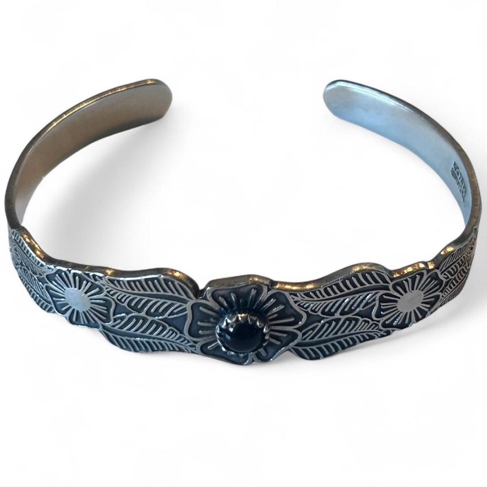 Mexican Sterling-Style Onyx Floral Silver Cuff Bracelet